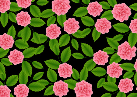 floral pattern with of Blooming pink roses on black background. Wildflowers and Peonies. Vector illustration.のイラスト素材