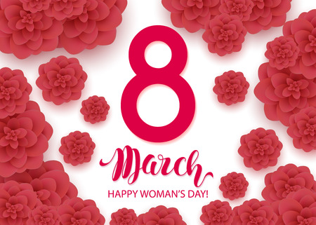 8 March. Happy Mother's Day. Pink Paper cut Floral Greeting card. Flower holiday background. Happy Women's Day. Trendy Design Template. Vector illustration.のイラスト素材
