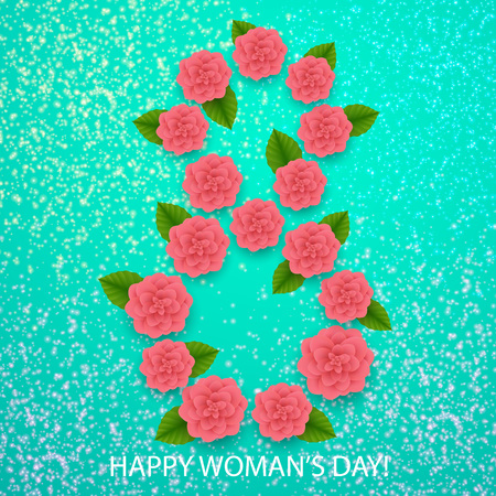 8 March. Happy Mother's Day. Happy Women's Day. Pink Floral Greeting card Flower on a turquoise background. Trendy Design Template. Holiday background Vector illustration.のイラスト素材