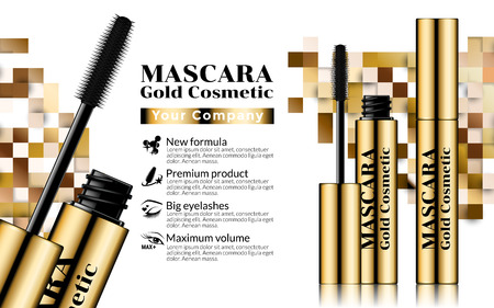 Gold Mascara Brush Eyelash Fashion Makeup for Eye on Soft White and shine Background. Excellent Cosmetics Advertising, Gentle. Package Design Sale or Promotion New Product. 3D Vector Illustrationのイラスト素材