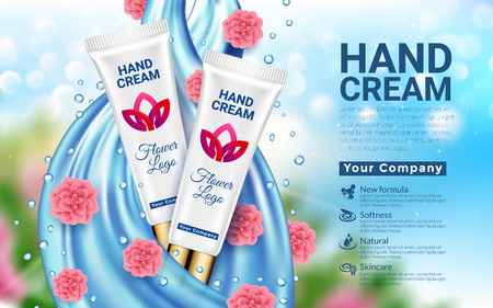 Hand Cream White Tube Blue Drop and Pink Flowers Blurred bokeh Background. Wave Jet Water. Package Design Promotion New Product.のイラスト素材