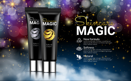 Black Cream Bottles on Black Magic Background. Excellent Cosmetics Advertising, Gentle Creams. Package Design Sale or Promotion New Product.のイラスト素材