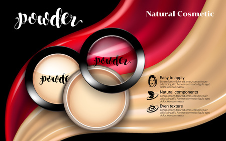 Glamorous Fashion Face Cosmetic Makeup Powder in Black Round Plastic Case Top View. flowing liquid texture. Black background. Advertising Banner Billboard Poster Catalog. 3D Vector Illustration.のイラスト素材