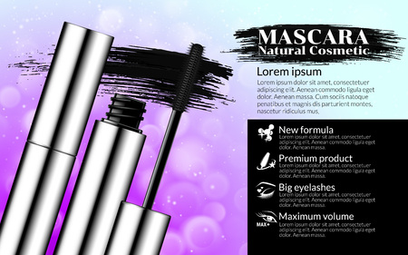 Luxury mascara brush silver package with eyelash applicator Cosmetics Package Design Promotion Product pink background. Advertising Banner Billboard Poster Catalog. 3D Vector Illustrationのイラスト素材