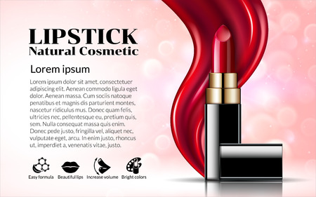 Glamorous Fashion lipstick ads elegant liquid flowing lipsticks for makeup isolated on scarlet pink background Cosmetics Package Product. Advertising Banner Poster Catalog. 3D Vector Illustration.のイラスト素材