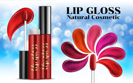 Luxury lip gloss ads Shades of shine sticky glossy liquid transparent glass container Cosmetics Package Design Promotion Product. Advertising Banner Billboard Poster Catalog. 3D Vector Illustration.のイラスト素材