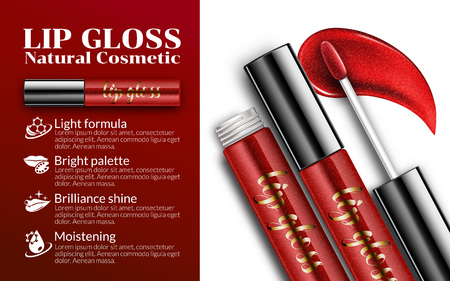 Luxury lip gloss ads, sticky glossy liquid with transparent glass container Cosmetics Package Design Promotion Product background. Advertising Banner Billboard Poster Catalog. 3D Vector Illustration.のイラスト素材