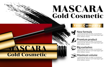 Luxury mascara ads gold package with eyelash applicator brush mascaras VIP background. Package Design Promotion Product. Cosmetics Advertising Banner Billboard Poster Catalog. 3D Vector Illustration.のイラスト素材