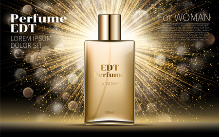 Realistic Gold Woman parfume bottle mockup on dazzling background. Golden bokeh. Contained in Square Glass Mock up. Excellent Advertising. Cosmetic Design Product. 3D Vector Illustration.のイラスト素材