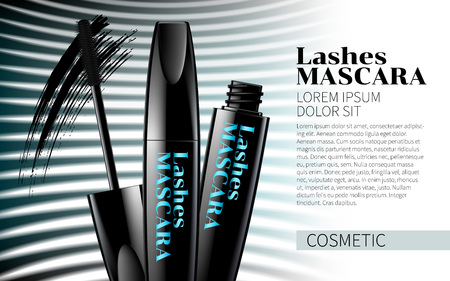 Black Mascara Smear of Carcass on Soft white line Background. Excellent Advertising. Cosmetic Package Design Sale Promotion New Product. 3D Vector Illustration.のイラスト素材