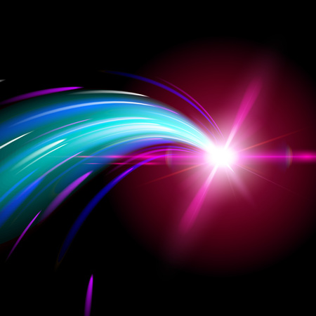 Abstract Glowing Magic Star Light Effect Neon Blur Curved Lines. Glittering Trail from the Side. Flying Comet Realistic Elements. Cover Flyers Print Web Banner. Vector Illustration Black Background.のイラスト素材