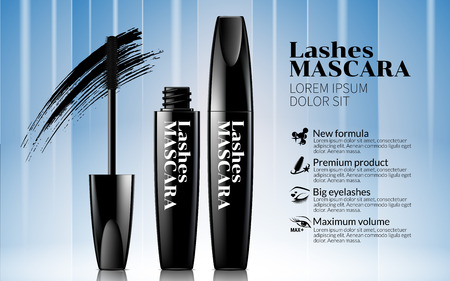 Black Mascara Smear of Carcass on Soft white line and blue Background. Excellent Advertising. Cosmetic Package Design Sale Promotion New Product. 3D Vector Illustration.のイラスト素材