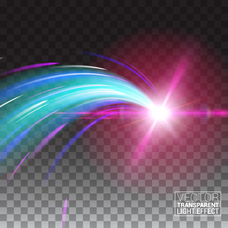 Abstract Glowing Magic Star Light Effect Neon Blur of Curved Lines. Glittering Star Dust trail from the side. Flying Comet Vector Illustration Transparent Background.のイラスト素材