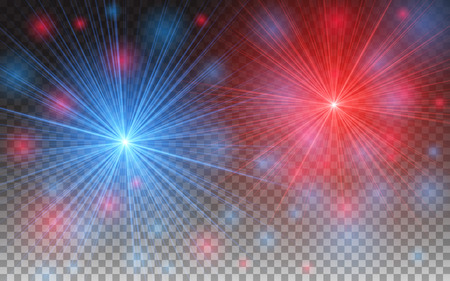 Red and blue stars with lens flares Light Effect Isolated on Transparent background. Burst Sparkles. Realistic Design Elements. Vector Illustration.のイラスト素材