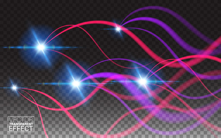 Abstract Magic Glow Light Effect with Neon Curved Lines. Glitter Fire Spiral Wave line with Flying Flash Lights Elements. Glowing Spark Swirl. Vector Illustration Transparent Background.のイラスト素材