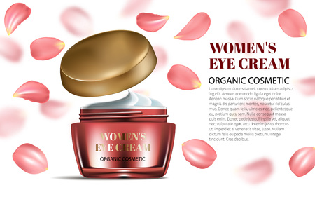 Realistic Women Opened cream with red petals Bottle Mockup on Dazzling Background. Contained in Glass. Excellent Advertising. Cosmetic Design Product. 3D Vector Illustration.のイラスト素材