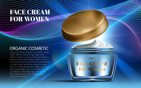 Realistic Women Night Cream for Eye and Face Elegant Blue Bottle Mockup Dazzling Background. Luxury Contained Gloss Effect.Cosmetic Ads Design Product. 3D Vector Illustration.のイラスト素材