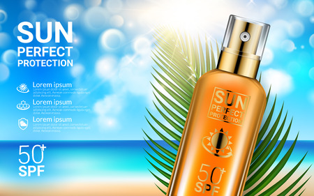 Sunscreen Sprays Summer Sunblock Cosmetic Design Template on Beach Background Exotic Palm Leaves. Concept Advertising Products for Sunburn. Realistic Sun Protection Product Ads.のイラスト素材