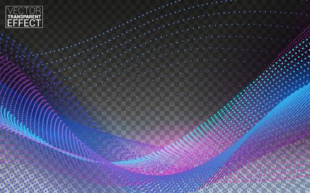 Dynamic particles sound wave flowing. Beautiful wave shaped array of glowing dots. Isolated on Transparent Background Vector Illustration.のイラスト素材