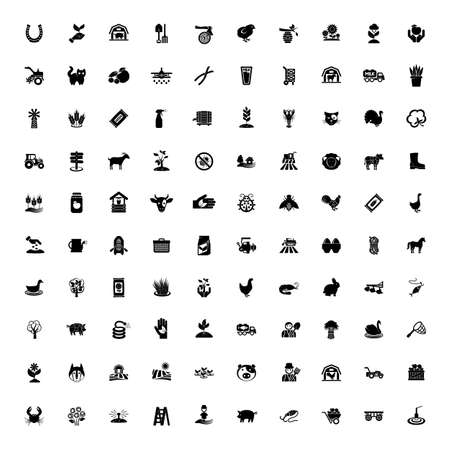 black farming 100 icon set Agriculture. Farming symbols. Isolated vector outline illustrationsのイラスト素材
