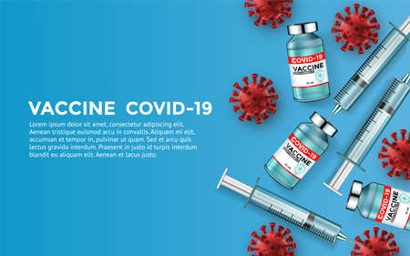 Coronavirus vaccine. Covid-19 corona virus vaccination with vaccine bottle and syringe injection tool for covid19 immunization treatment. Vector illustration backgroundのイラスト素材