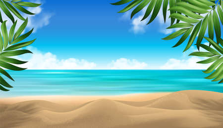 Product advertising background. Azure ocean white clouds. Coconut palm trees against blue sky and beautiful tropical beach. Vacation holidays background wallpaper. Vector Illustration.のイラスト素材
