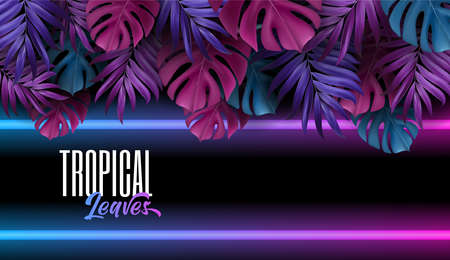 Tropical leaf background. Neon lights. Branch palm realistic. Leaves and branches of palm trees. Blue and violet color foliage, tropic leaves pattern. Pace for textのイラスト素材