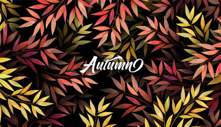 Autumn background in red, orange, yellow colors. 3d realistic autumn leaves. Texture design for web banner, print, wallpaper. Vector illustrationのイラスト素材