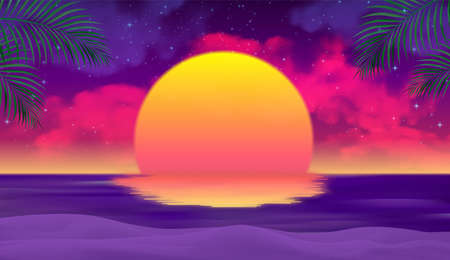 Tropical sea landscape, sunset, sunrise. Islands with palm trees, sky with clouds, sun. Vector...
