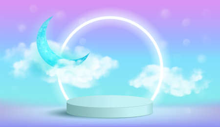 Podium in Pastel background. Stage For Product Presentation And Pedestal ainst the background of the clouds of the month and the neon circle. 3d vector illustrationのイラスト素材