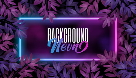 Vector banner with color Tree leaves and neon frame on black background. Botanical Design element ad, sign, poster, banner.のイラスト素材