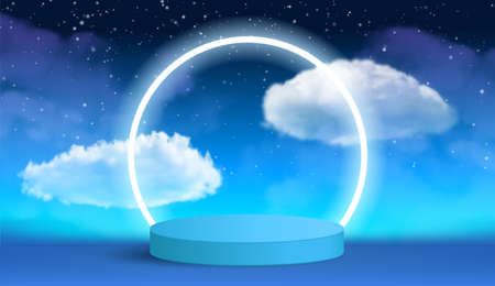 Blue Background with podium and cloud scene, minimal product Stage display background. Geometric shape. Night Blue Sky. product platform. 3d vector illustration.のイラスト素材
