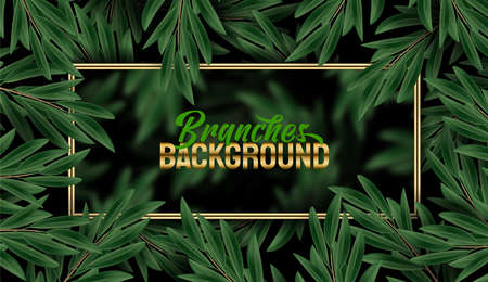 Overgrown tree branches with fresh green leaves. Luxury banner background and place for text. Spring or summer nature. Plant branch on a dark background. Abstract Design Elementのイラスト素材