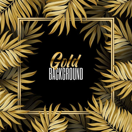 Tropical Square frame. Gold Palm leaves pattern black backgroundのイラスト素材