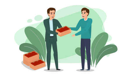 Cartoon character farmer holding a crate of red apples. A standing and smiling male character passes apples to a man. flat vector illustrationのイラスト素材