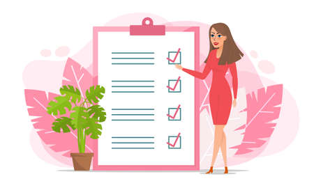 The girl completed notes tasks in the application. Female character points to the checkboxes on the checklist. To-do list. Time management and planning. cartoon flat illustration isolated on whiteのイラスト素材