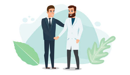 Handshake of male doctor and businessman. Person. The medicine. Business concept for research, healthcare. Design element for banner, poster, web. Vector flat illustrationのイラスト素材