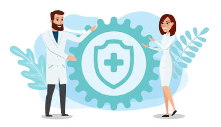A doctor and a nurse are standing holding a medical protection gear. Business concept for research, healthcare. Flat vector illustration template.のイラスト素材