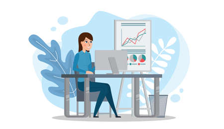 Office worker. A business woman sits at a table and works on a computer. Flat vector concept illustration isolated on white.のイラスト素材