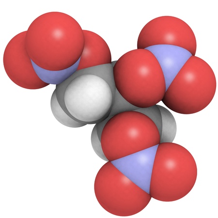 3D molecular structure of nitroglycerine, the explosive molecule found in dynamite that is also used as a drug to treat angina.の写真素材