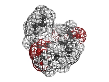 Prostaglandin E2 (dinoprostone, PGE2) uterus stimulating drug, molecular model. PGE2 is a prostaglandin drug that stimulates uterus contractions and is thus used for inducing labour and inducing late abortion.の写真素材