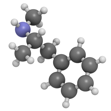 methamphetamine (crystal, meth) psychostimulant drug, molecular model. Atoms are represented as spheres with conventional color coding: hydrogen (white), carbon (grey), nitrogen (blue)