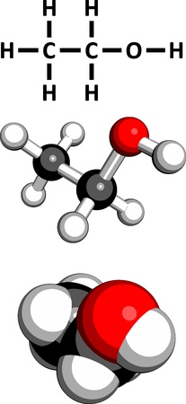 Ethanol (alcohol) molecule, chemical structure. Three representations: 2D skeletal formula, 3D space-filling model and 3D ball-and-stick model.
