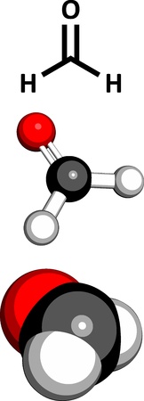 Formaldehyde (CH2O), molecular model. Formaldehyde is a known carcinogenic agent and a common indoor air pollutant. Three representations: 2D skeletal formula, 3D space-filling model and 3D ball-and-stick model.