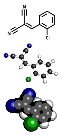CS tear gas molecule (2-chlorobenzalmolononitrile). Atoms are represented as spheres with conventional color coding: hydrogen (white), carbon (grey),  nitrogen (blue), chlorine (green)のイラスト素材