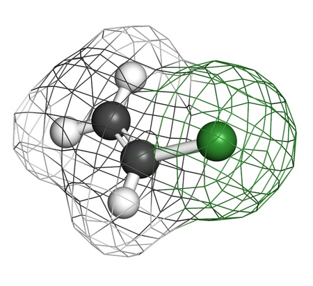 Vinyl chloride, polyvinyl chloride (PVC) plastic building block. Atoms are represented as spheres with conventional color coding: hydrogen (white), carbon (grey), chlorine (green). Wireframe surface.