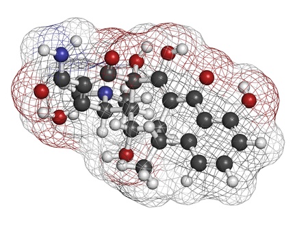 Doxycycline antibiotic drug (tetracycline class), chemical structure. Atoms are represented as spheres with conventional color coding: hydrogen (white), carbon (grey), nitrogen (blue), oxygen (red).