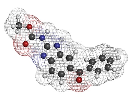 Mebendazole anthelmintic drug, chemical structure. Used to treat worm infestations. Atoms are represented as spheres with conventional color coding: hydrogen (white), carbon (grey), nitrogen (blue), oxygen (red).