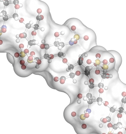 Heparin anticoagulant drug, chemical structure. Atoms are represented as spheres with conventional color coding: hydrogen (white), carbon (grey), oxygen (red), nitrogen (blue), sulfur (yellow)