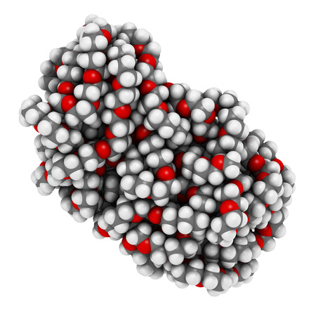 Polyethylene glycol 10.000 (PEG,  polyethylene oxide, PEO) molecule, chemical structure. Forms of PEG are used as laxatives, etc Atoms are represented as spheres with conventional color coding: hydrogen (white), carbon (grey), oxygen (red)